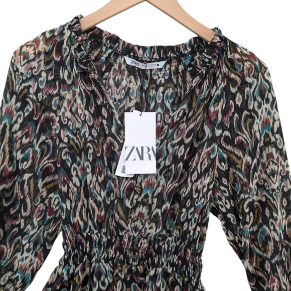 Zara Tiered Mini Dress Multicolor Long Sleeve Smocked Pleated Ruffle Size S - Picture 3 of 12